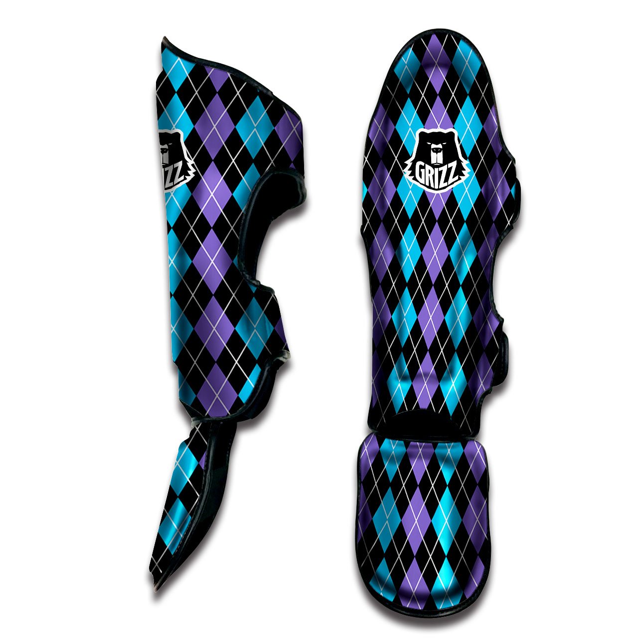 Black Purple And Blue Argyle Print Pattern Muay Thai Shin Guards-grizzshop