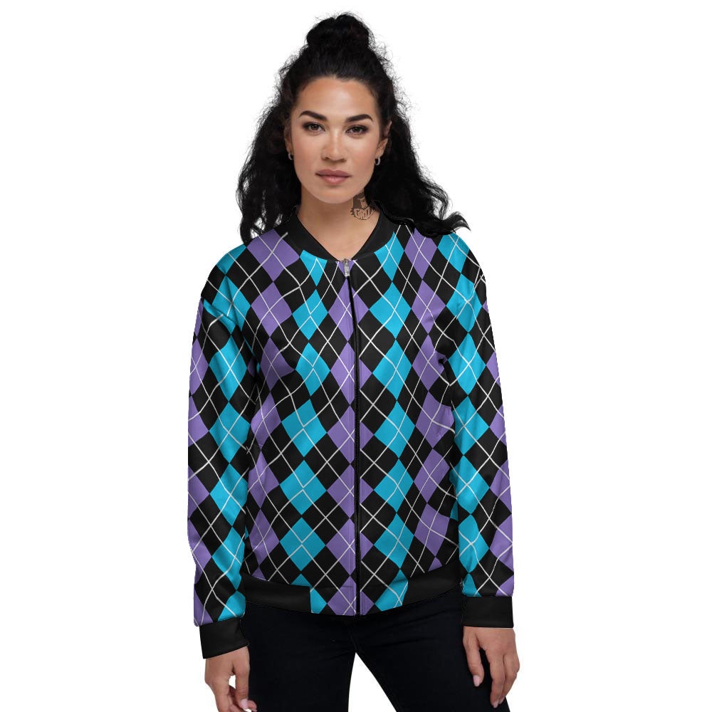 Black Purple And Blue Argyle Print Pattern Women's Bomber Jacket-grizzshop