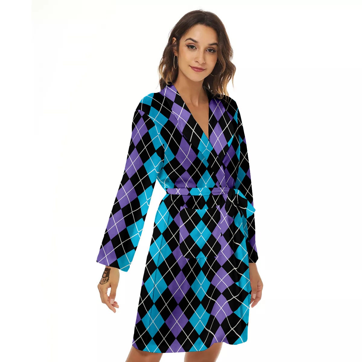 Black Purple And Blue Argyle Print Pattern Women's Robe-grizzshop