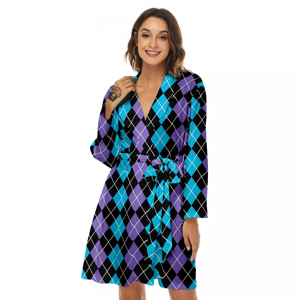 Black Purple And Blue Argyle Print Pattern Women's Robe-grizzshop