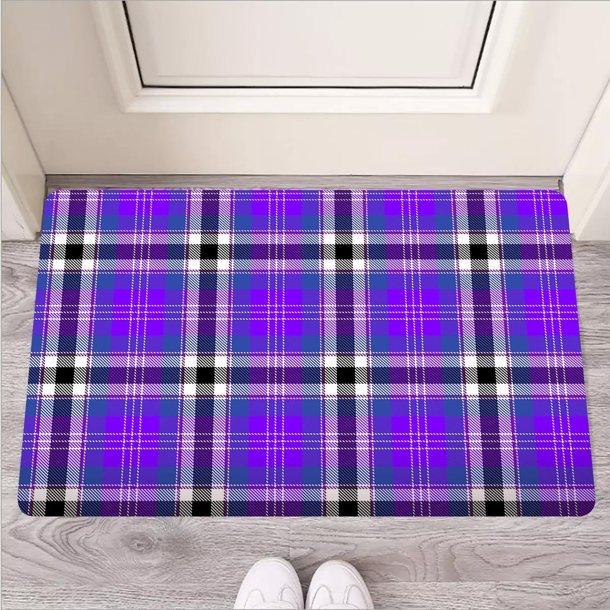 Black Purple Plaid Tartan Door Mat-grizzshop