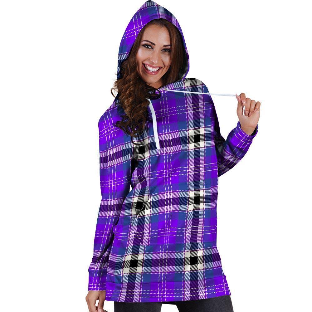 Black Purple Plaid Tartan Hoodie Dress-grizzshop