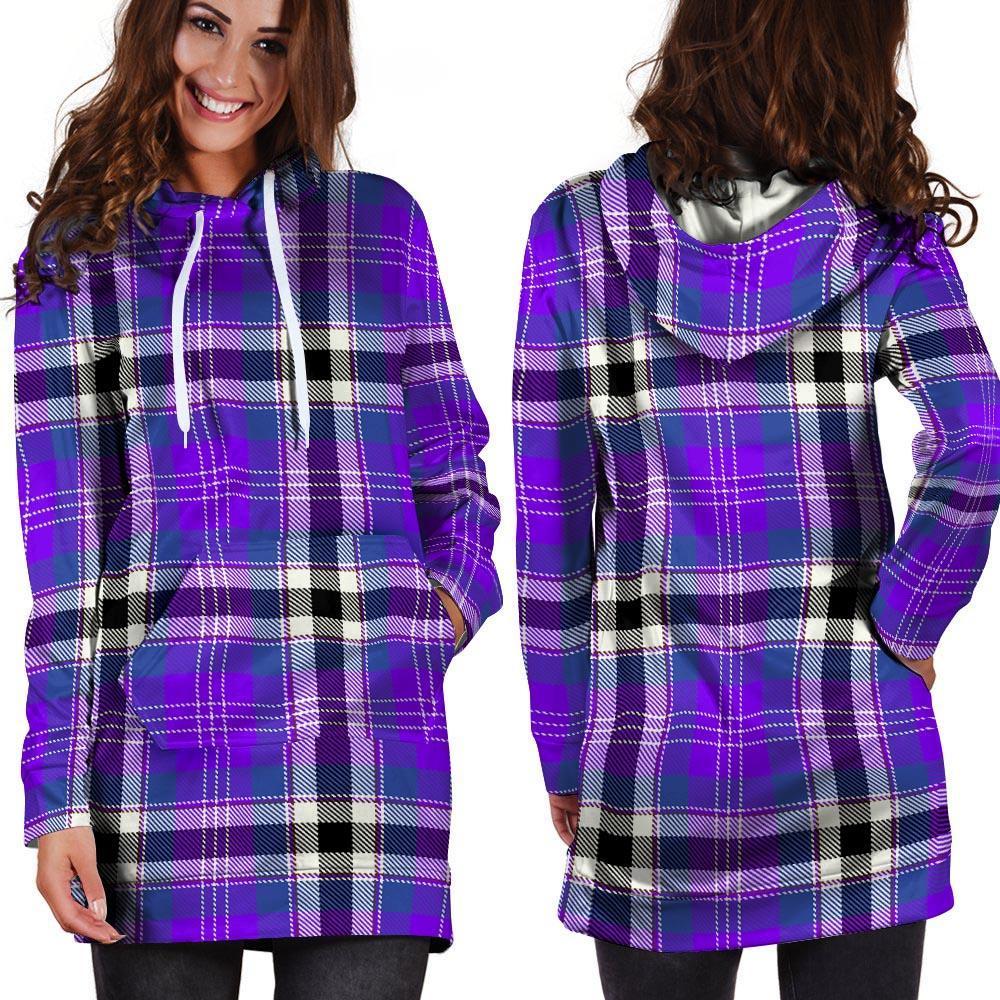 Black Purple Plaid Tartan Hoodie Dress-grizzshop