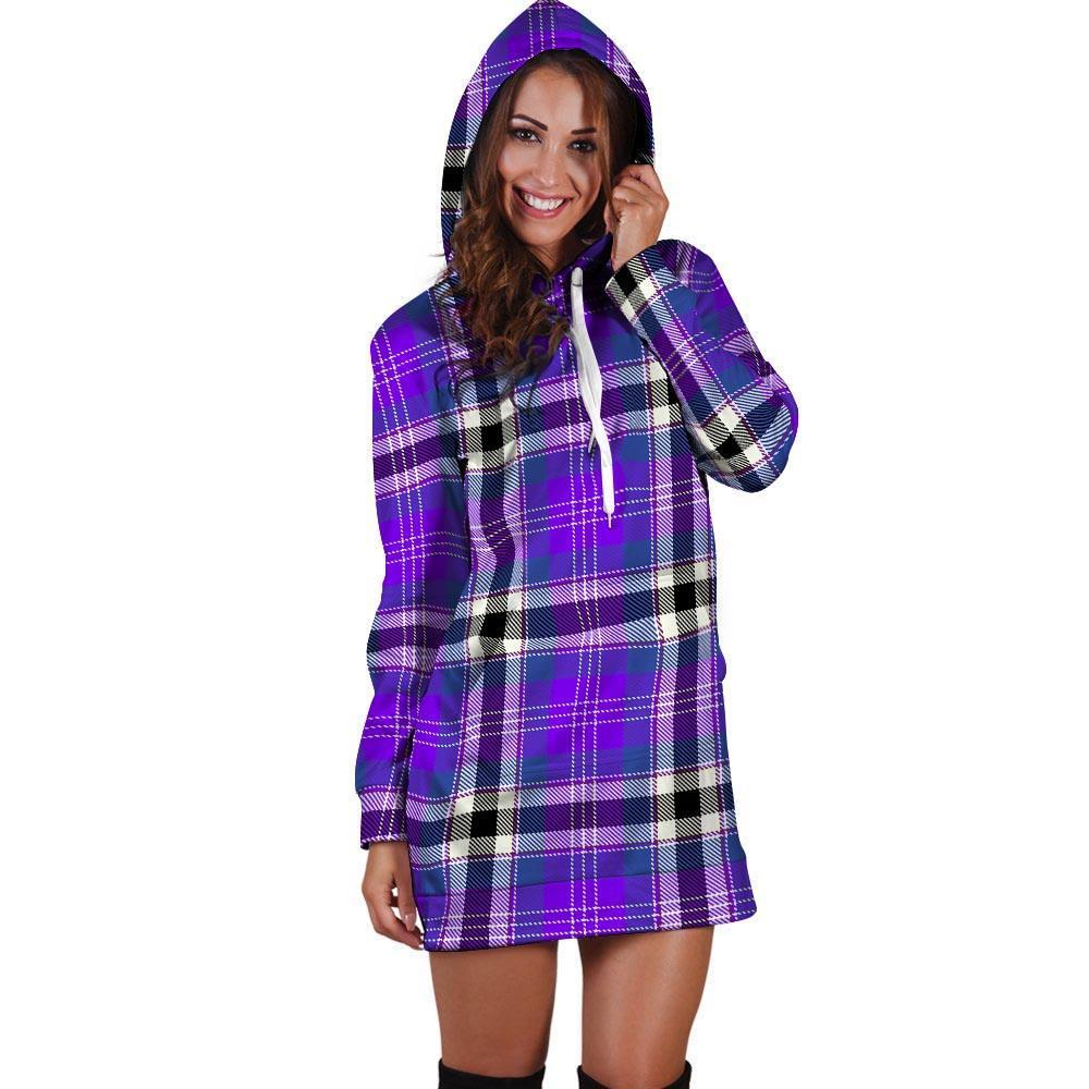 Black Purple Plaid Tartan Hoodie Dress-grizzshop