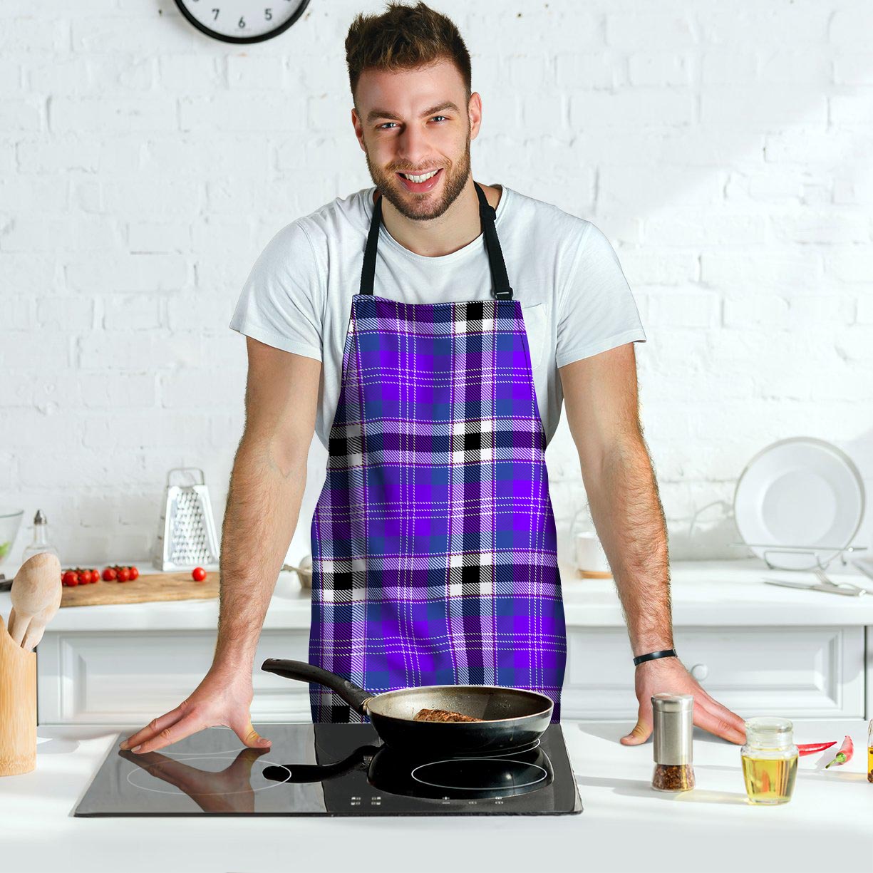 Black Purple Plaid Tartan Men's Apron-grizzshop