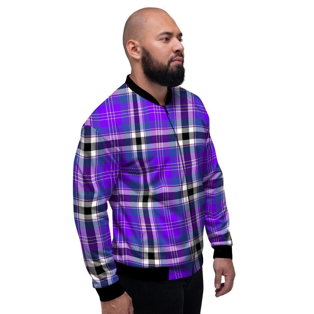 Black Purple Plaid Tartan Men's Bomber Jacket-grizzshop