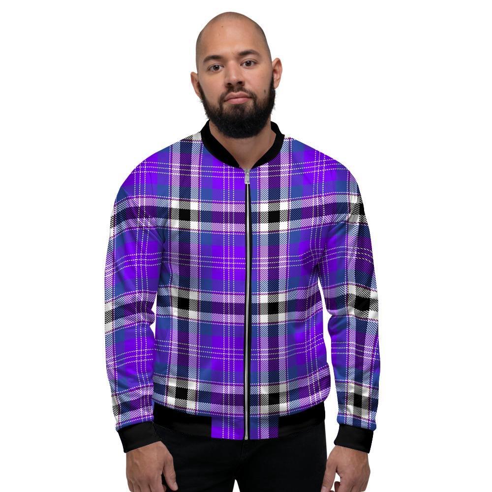 Black Purple Plaid Tartan Men's Bomber Jacket-grizzshop