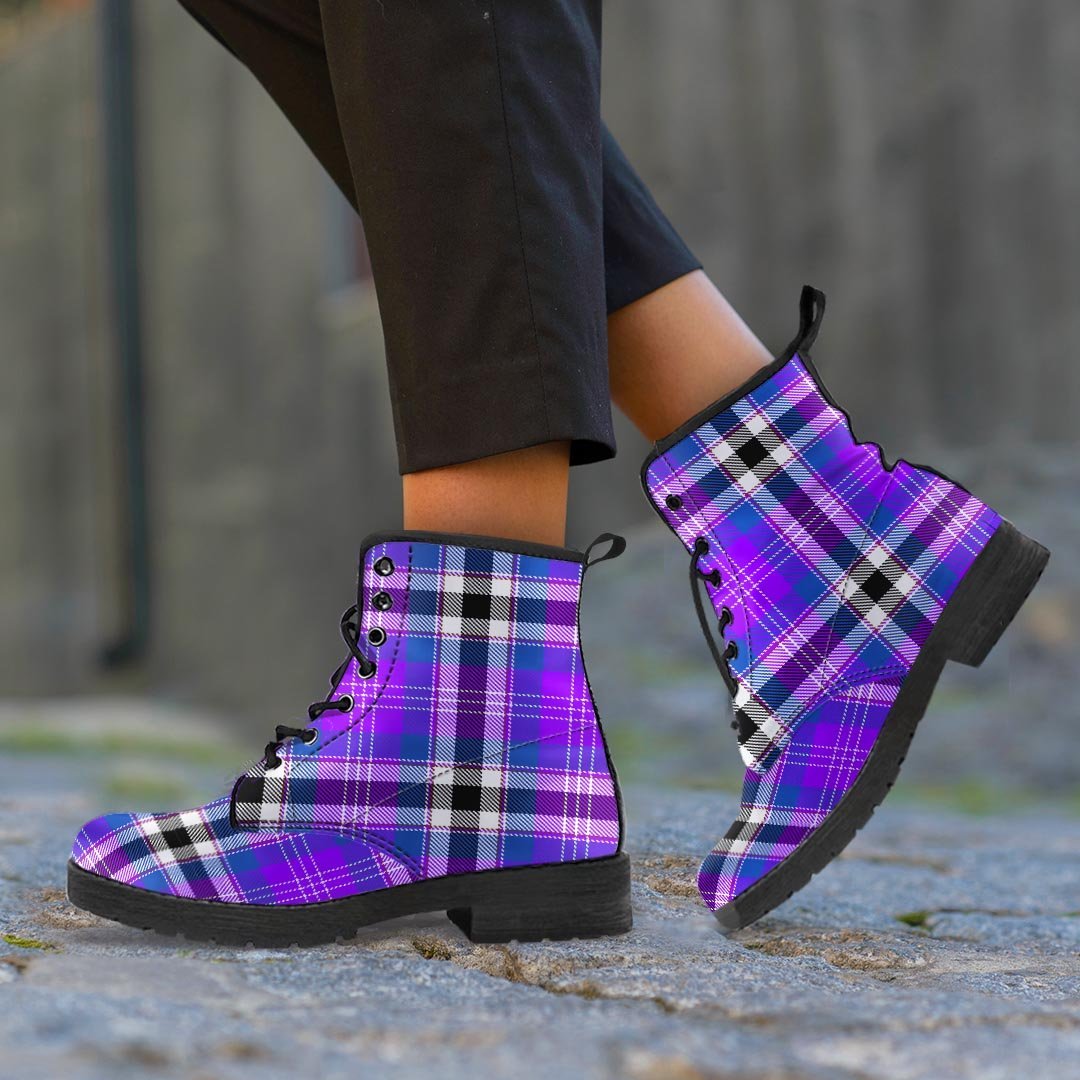 Black Purple Plaid Tartan Men's Boots-grizzshop