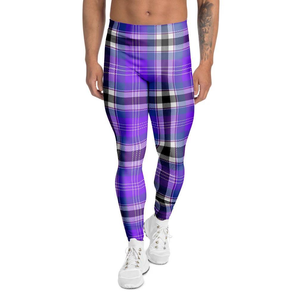 Black Purple Plaid Tartan Men's Leggings-grizzshop