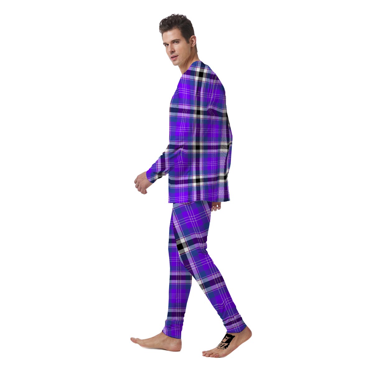 Black Purple Plaid Tartan Men's Pajamas-grizzshop