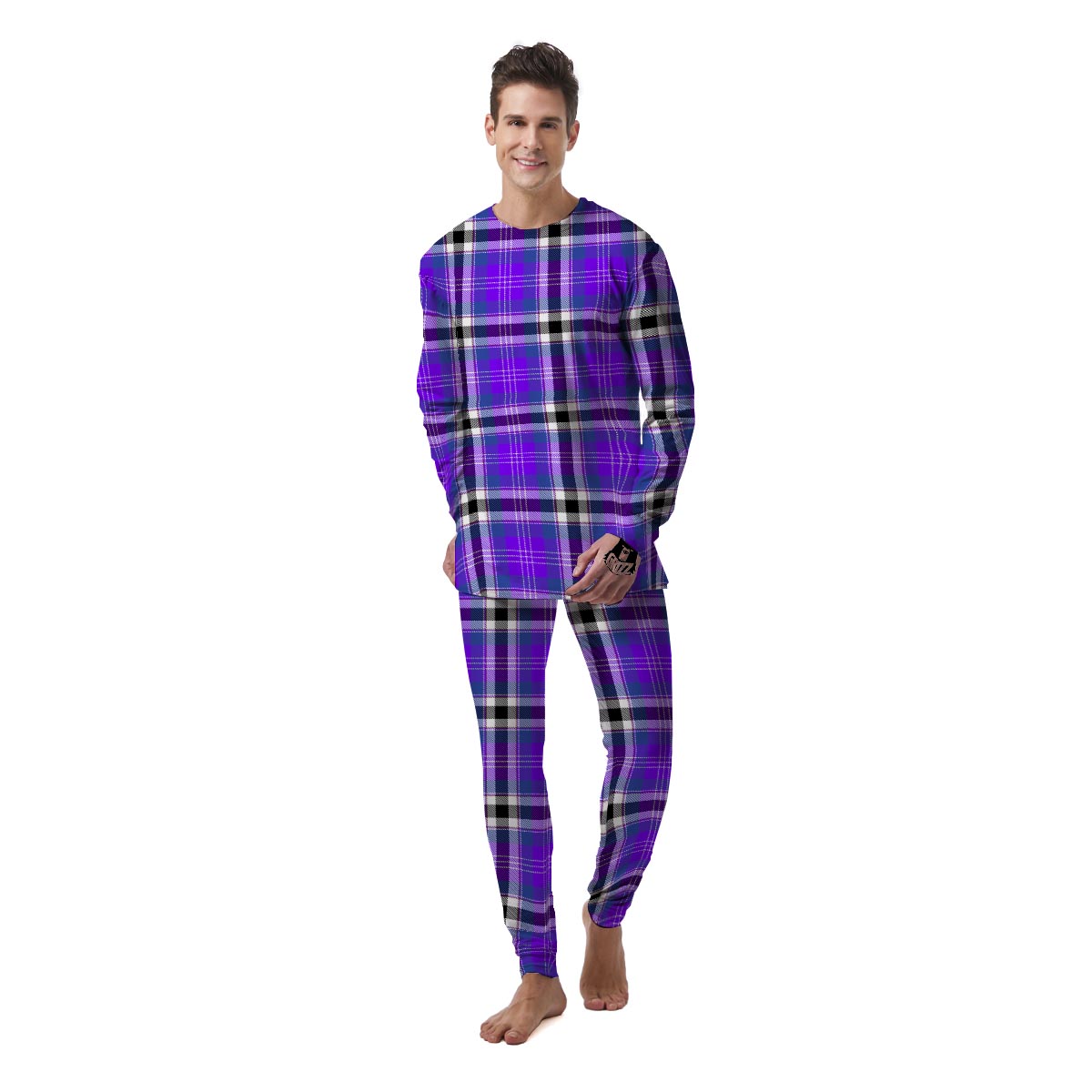 Black Purple Plaid Tartan Men's Pajamas-grizzshop