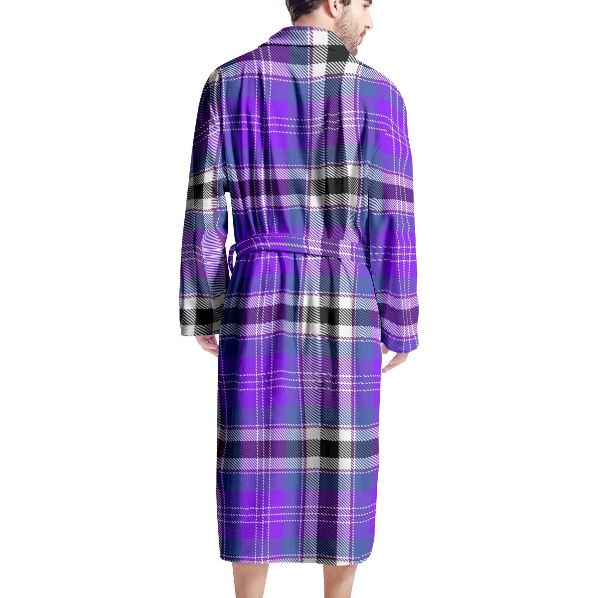 Black Purple Plaid Tartan Men's Robe-grizzshop