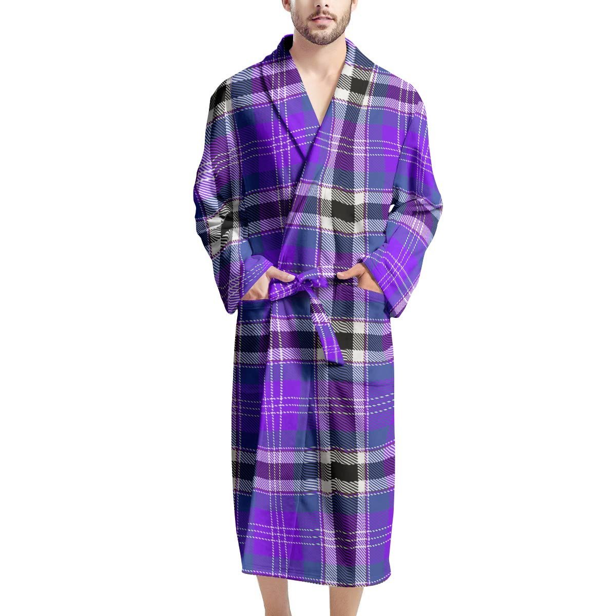 Black Purple Plaid Tartan Men's Robe-grizzshop