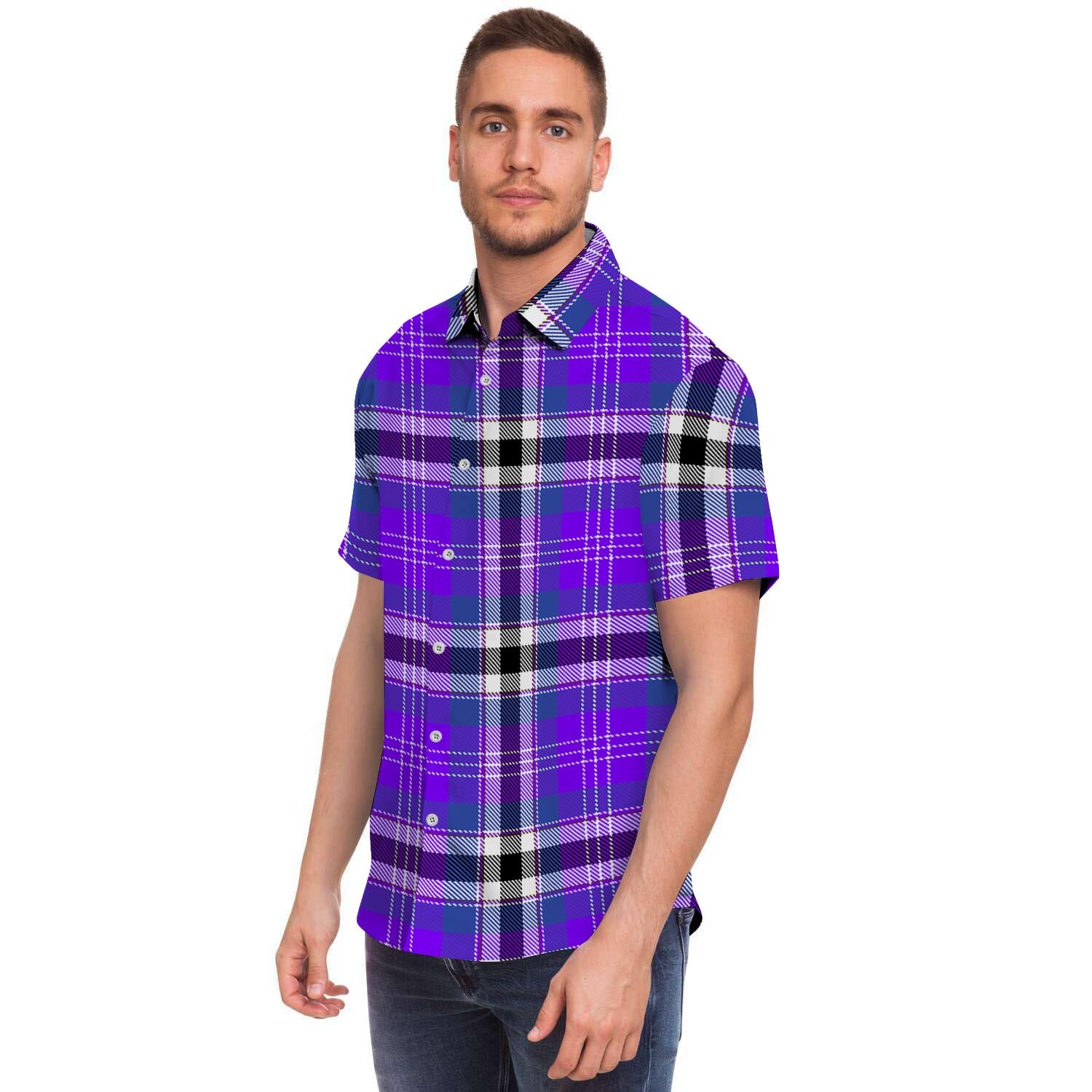Black Purple Plaid Tartan Men's Short Sleeve Shirt-grizzshop