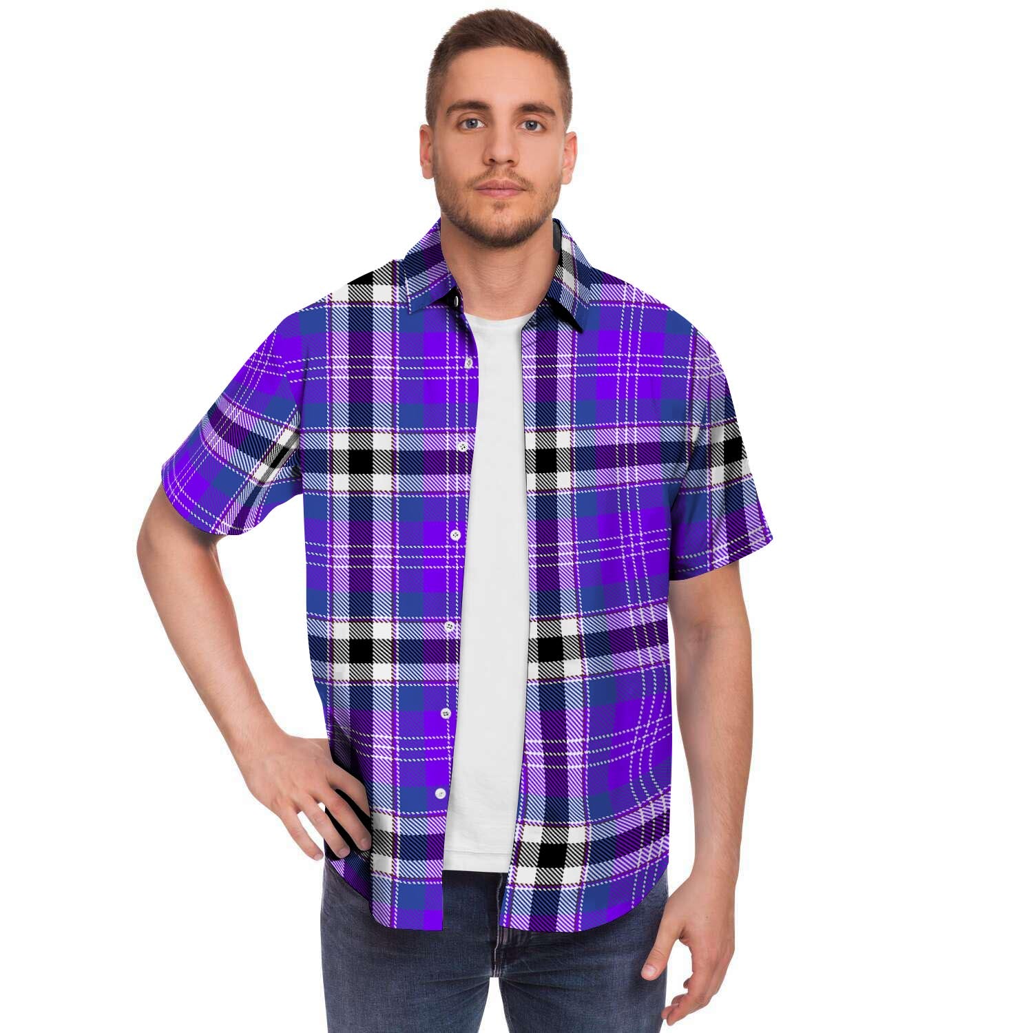 Black Purple Plaid Tartan Men's Short Sleeve Shirt-grizzshop