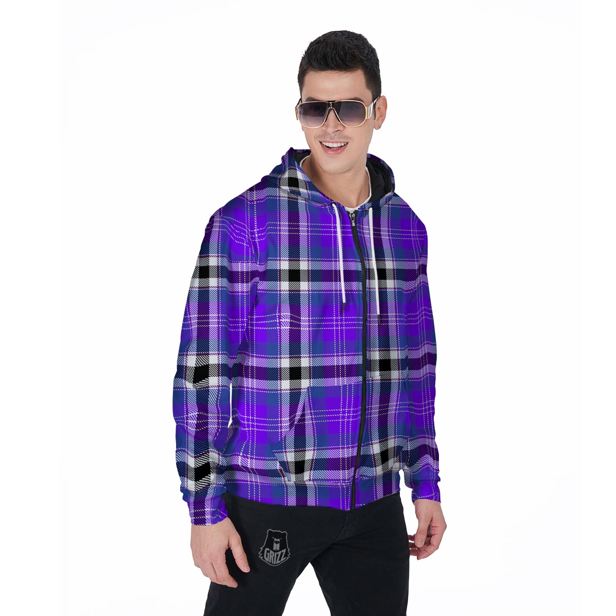 Black Purple Plaid Tartan Men's Zip Up Hoodie-grizzshop