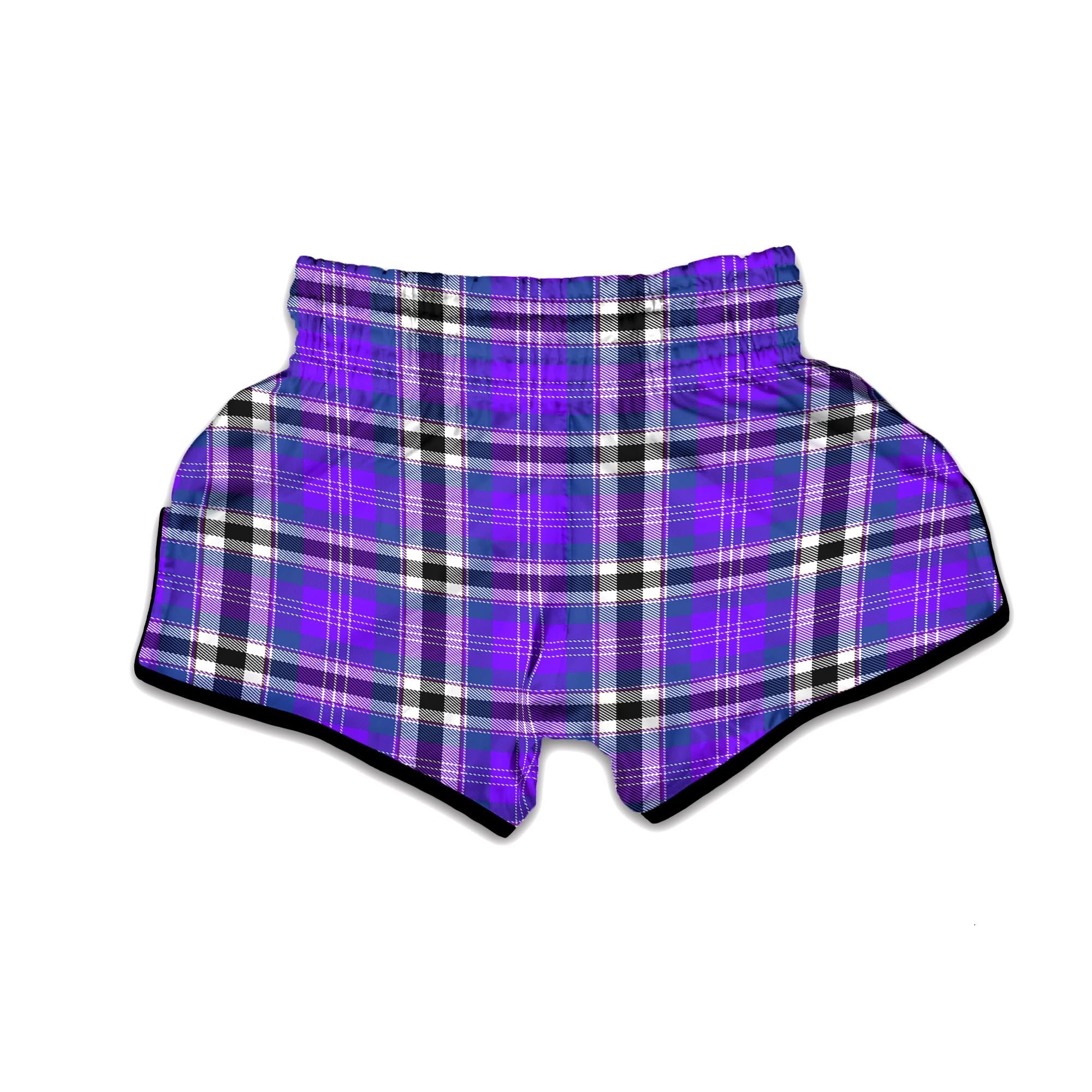 Black Purple Plaid Tartan Muay Thai Boxing Shorts-grizzshop