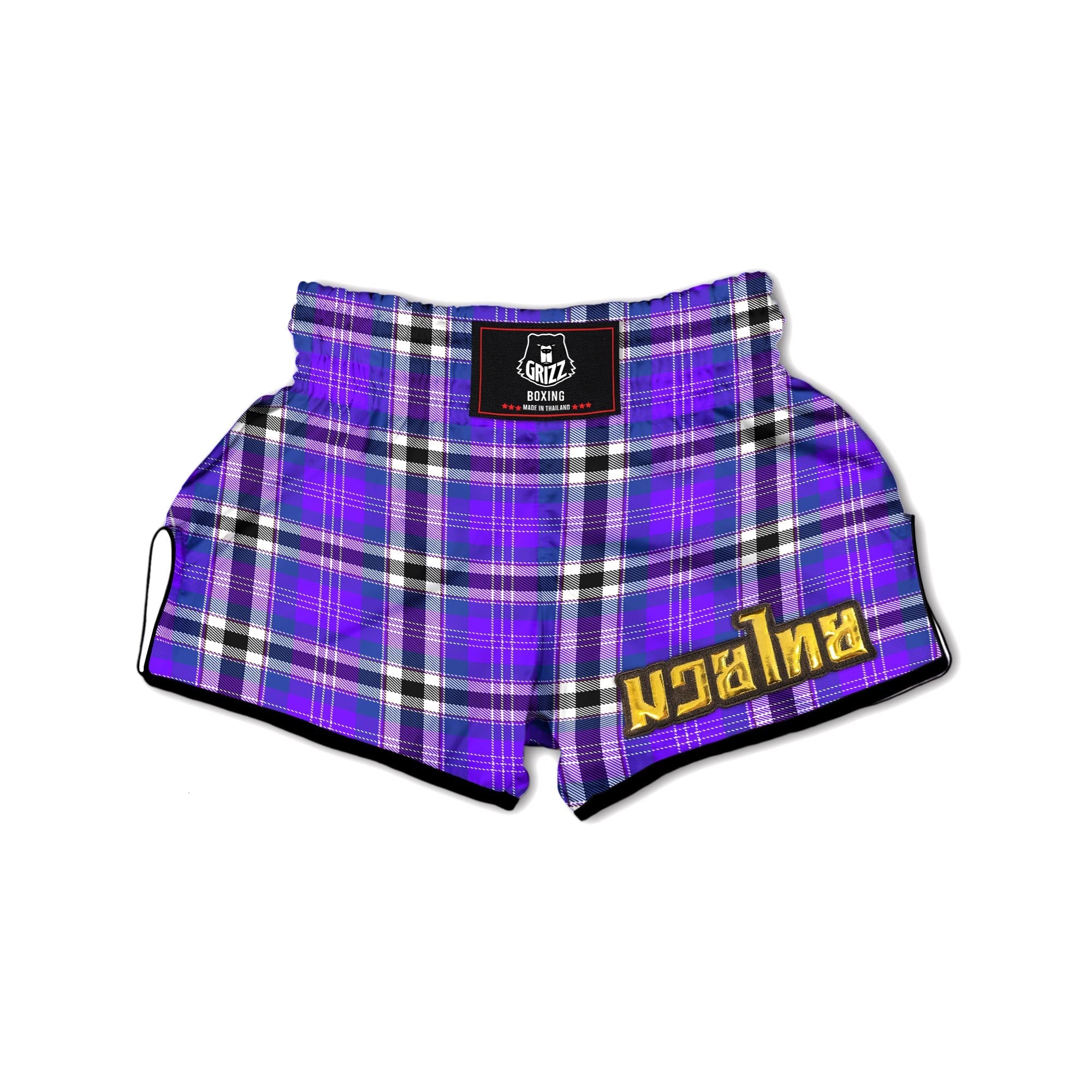 Black Purple Plaid Tartan Muay Thai Boxing Shorts-grizzshop