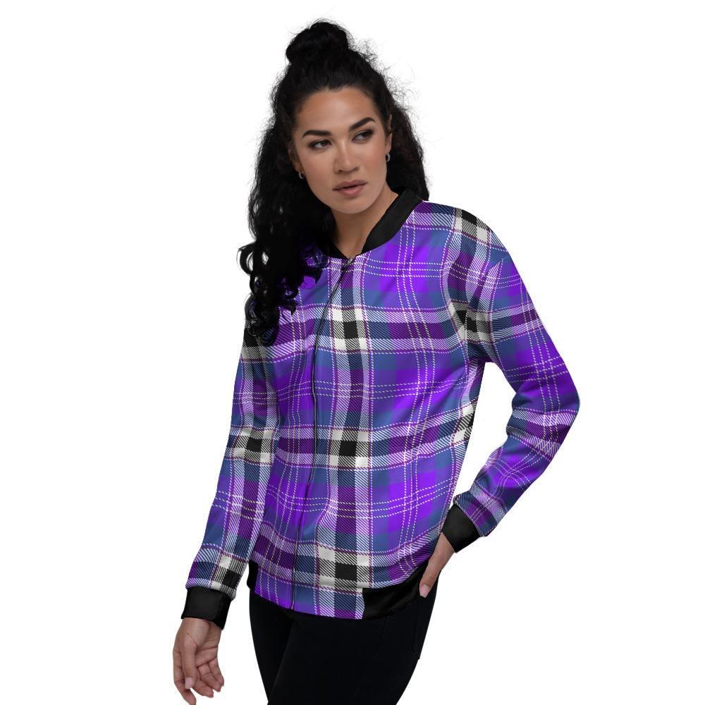 Black Purple Plaid Tartan Women's Bomber Jacket-grizzshop