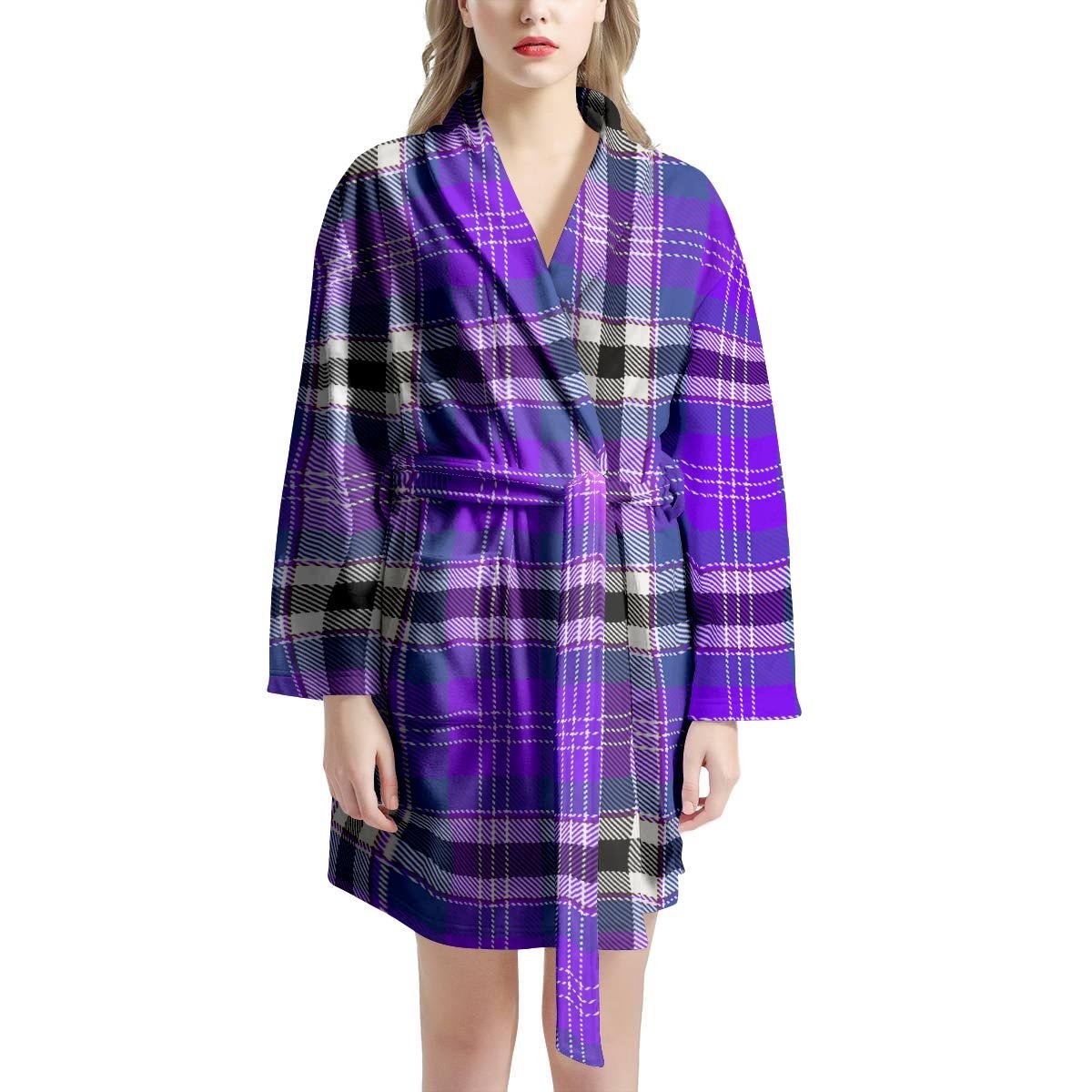 Black Purple Plaid Tartan Women's Robe-grizzshop