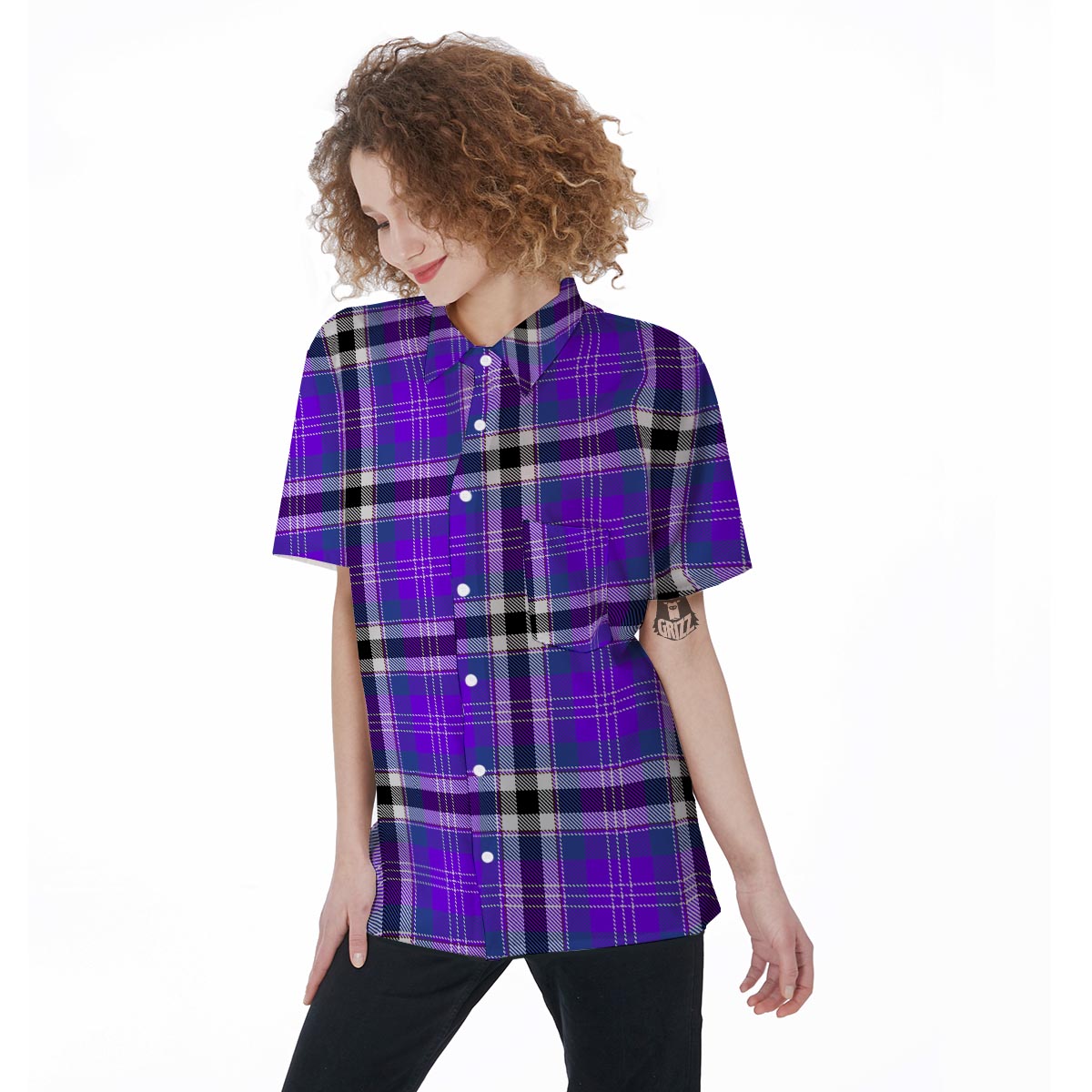 Black Purple Plaid Tartan Women's Short Sleeve Shirts-grizzshop