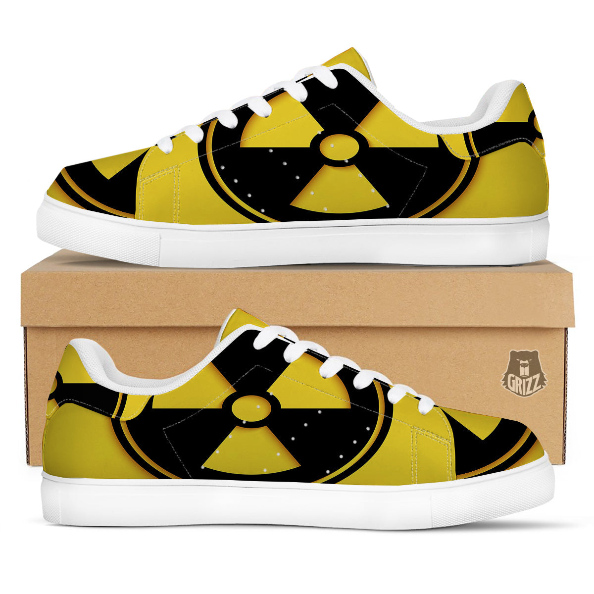 Black Radioactive On Yellow Print White Low Top Sneakers-grizzshop