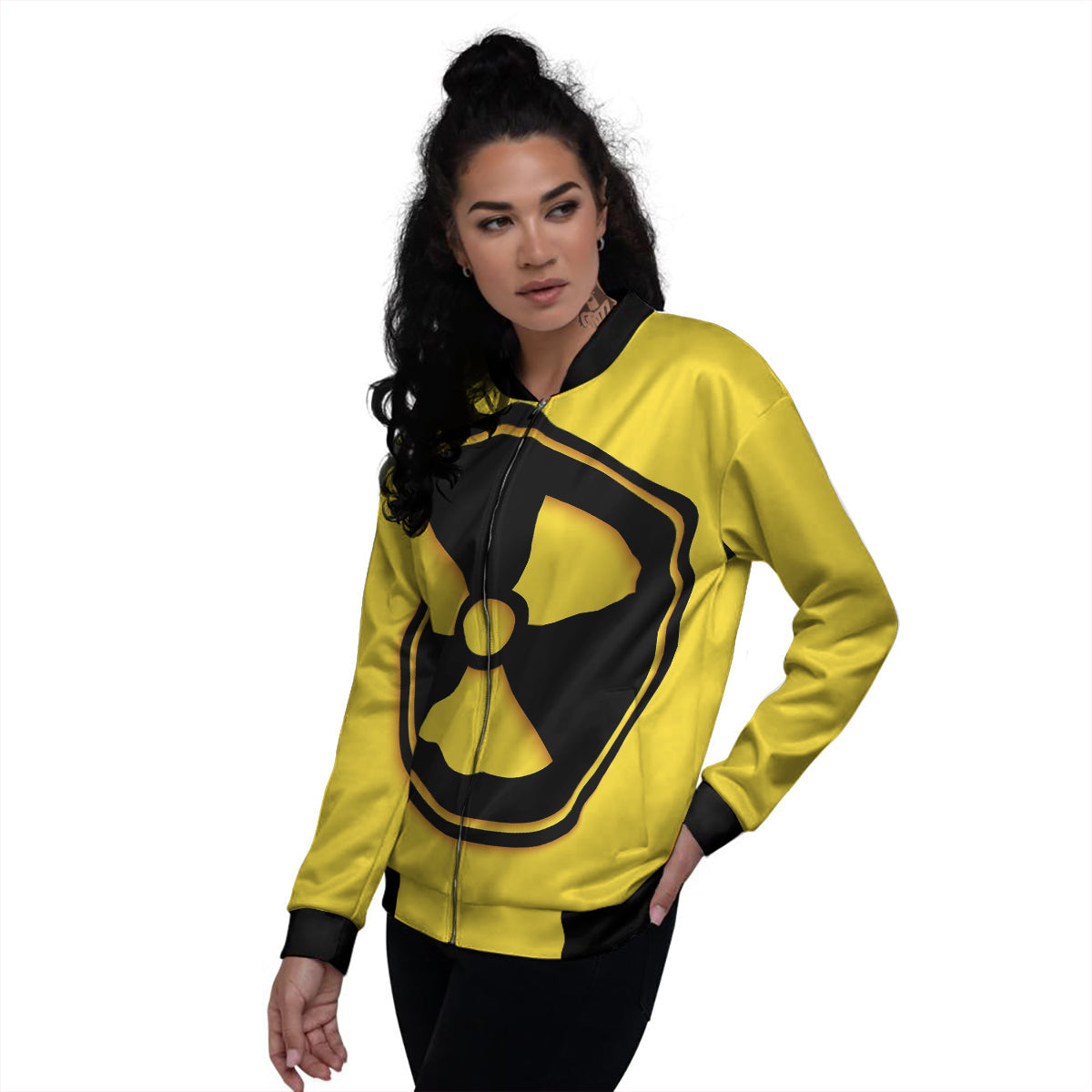 Black Radioactive On Yellow Print Women's Bomber Jacket-grizzshop