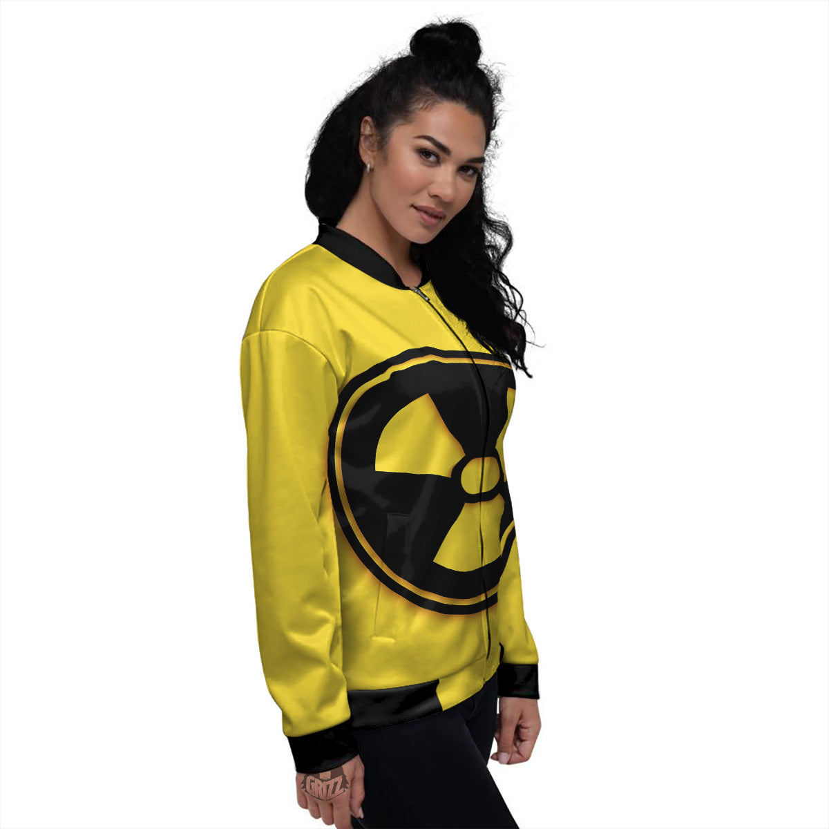Black Radioactive On Yellow Print Women's Bomber Jacket-grizzshop