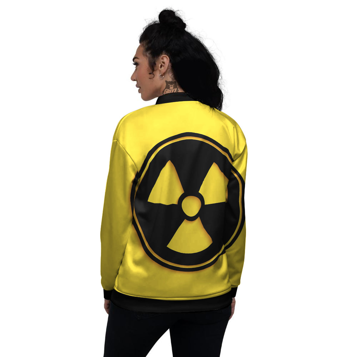 Black Radioactive On Yellow Print Women's Bomber Jacket-grizzshop
