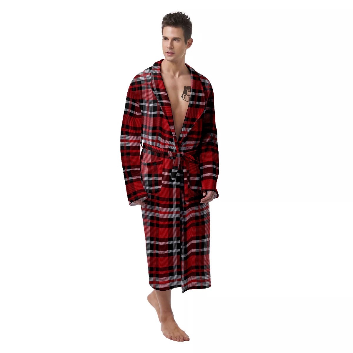 Black Red And White Tartan Print Pattern Men's Robe-grizzshop