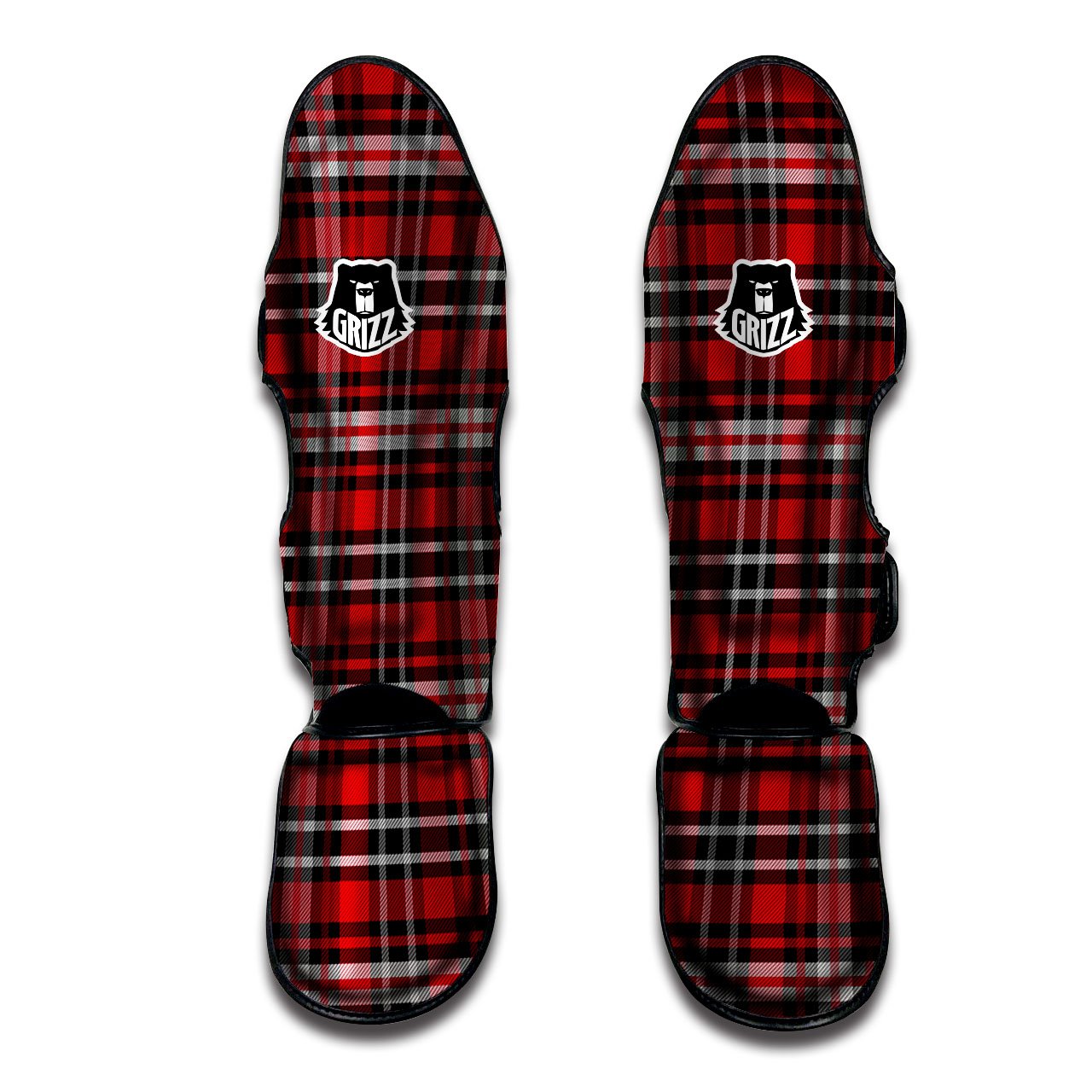 Black Red And White Tartan Print Pattern Muay Thai Shin Guards-grizzshop