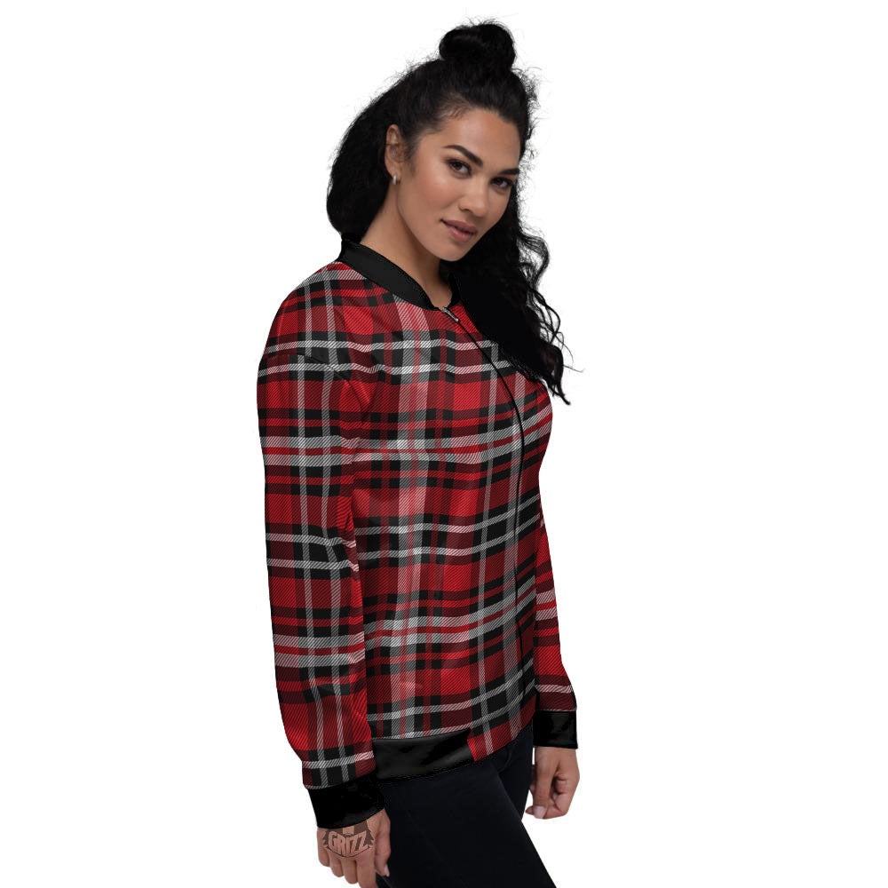 Black Red And White Tartan Print Pattern Women's Bomber Jacket-grizzshop