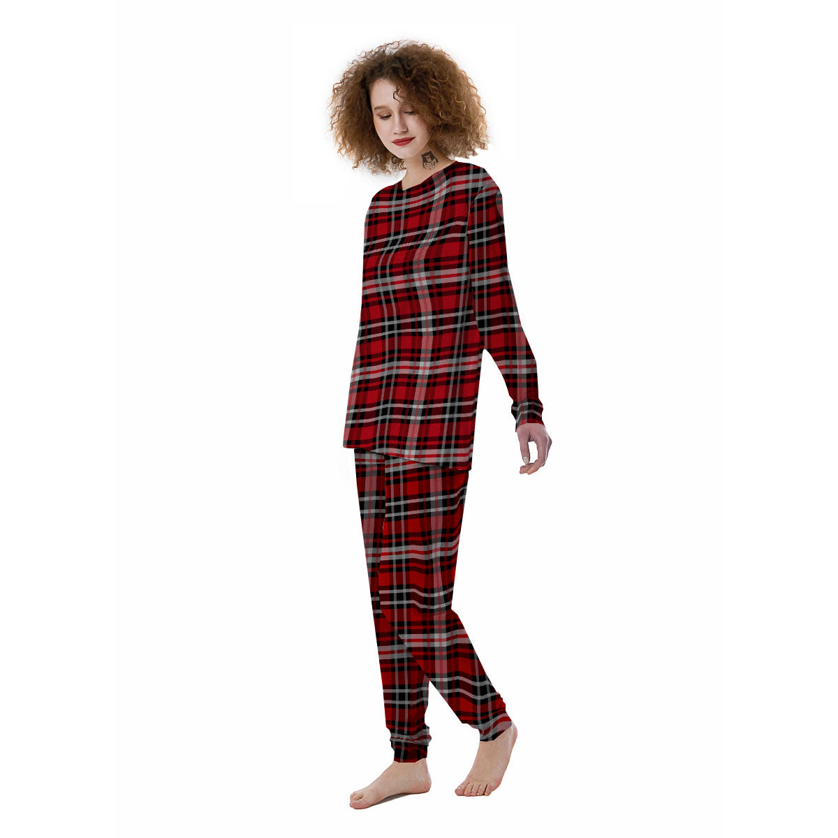 Black Red And White Tartan Print Pattern Women's Pajamas-grizzshop