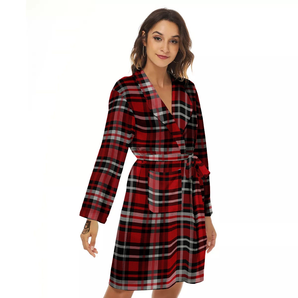 Black Red And White Tartan Print Pattern Women's Robe-grizzshop