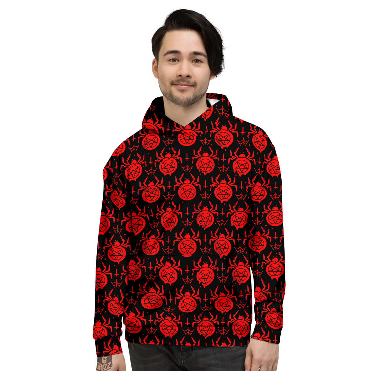 Black Red Spider Pentagram Print Pattern Men's Hoodie-grizzshop