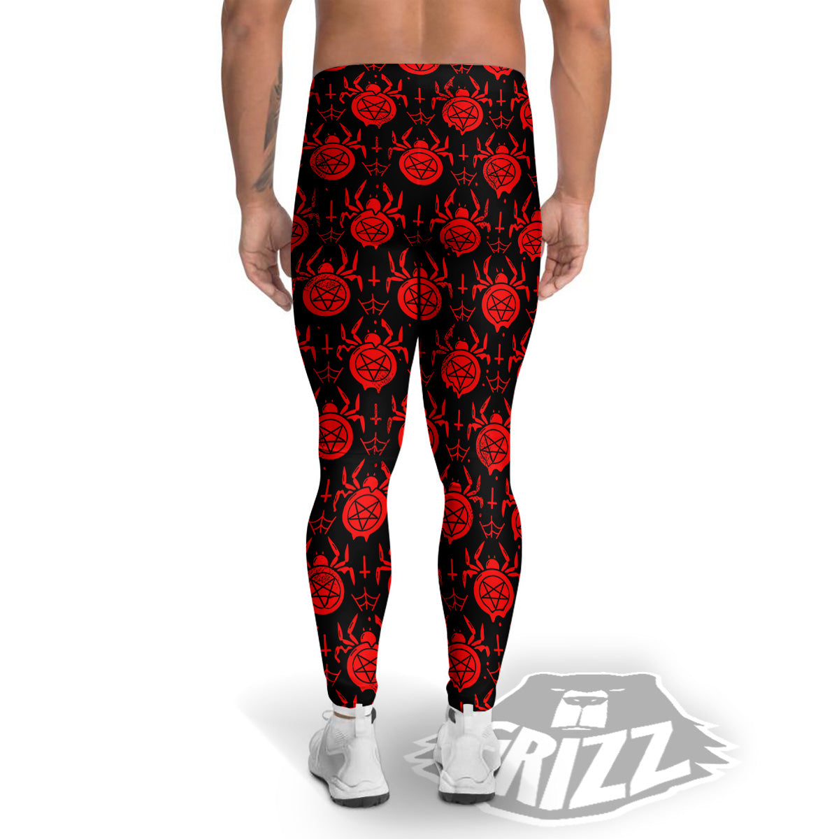 Black Red Spider Pentagram Print Pattern Men's Leggings-grizzshop