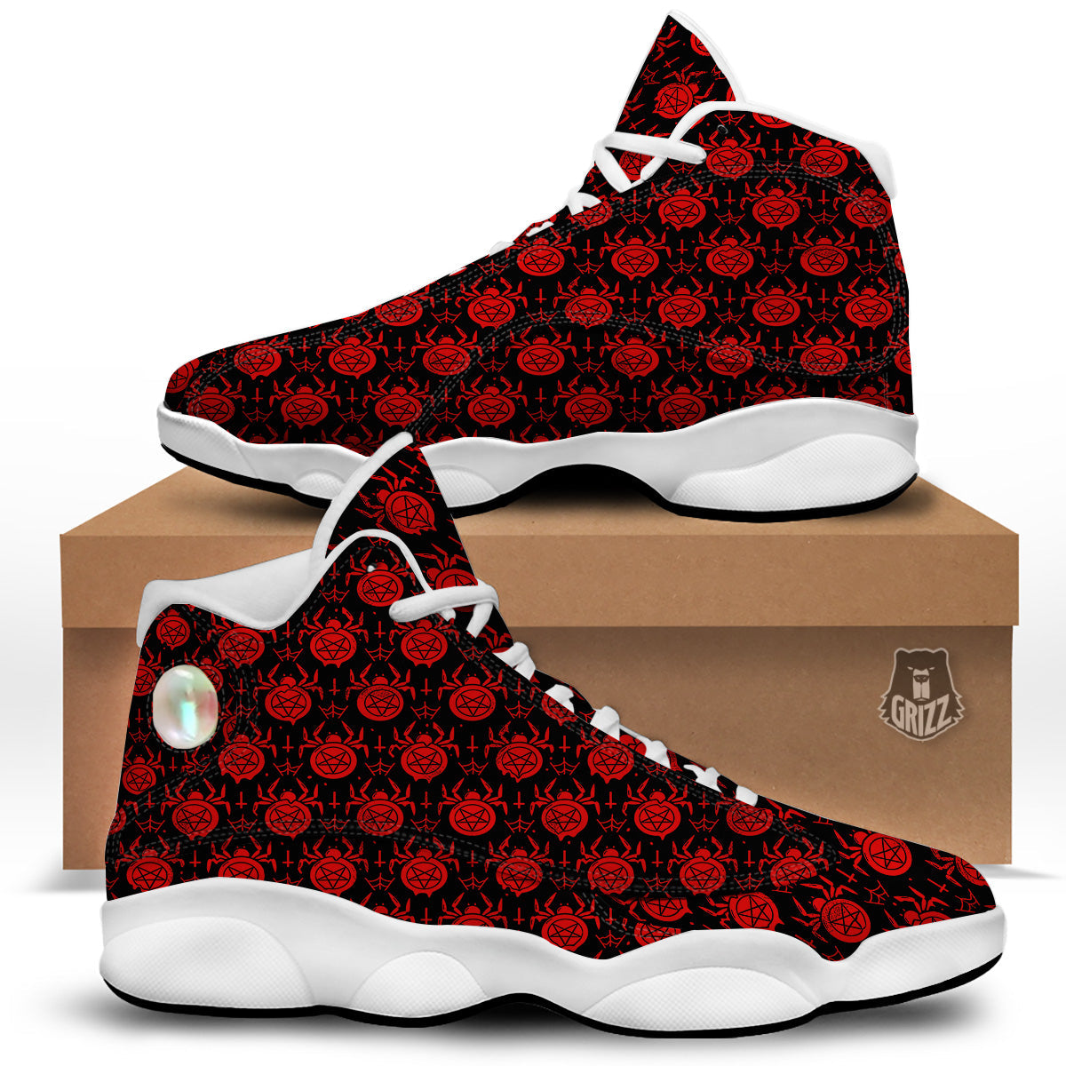 Black Red Spider Pentagram Print Pattern White Basketball Shoes-grizzshop