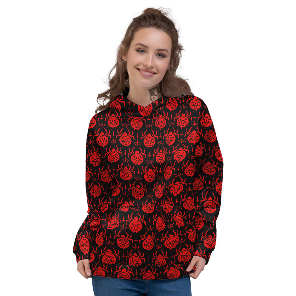 Black Red Spider Pentagram Print Pattern Women's Hoodie-grizzshop