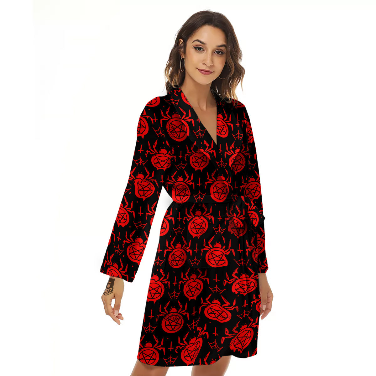 Black Red Spider Pentagram Print Pattern Women's Robe-grizzshop