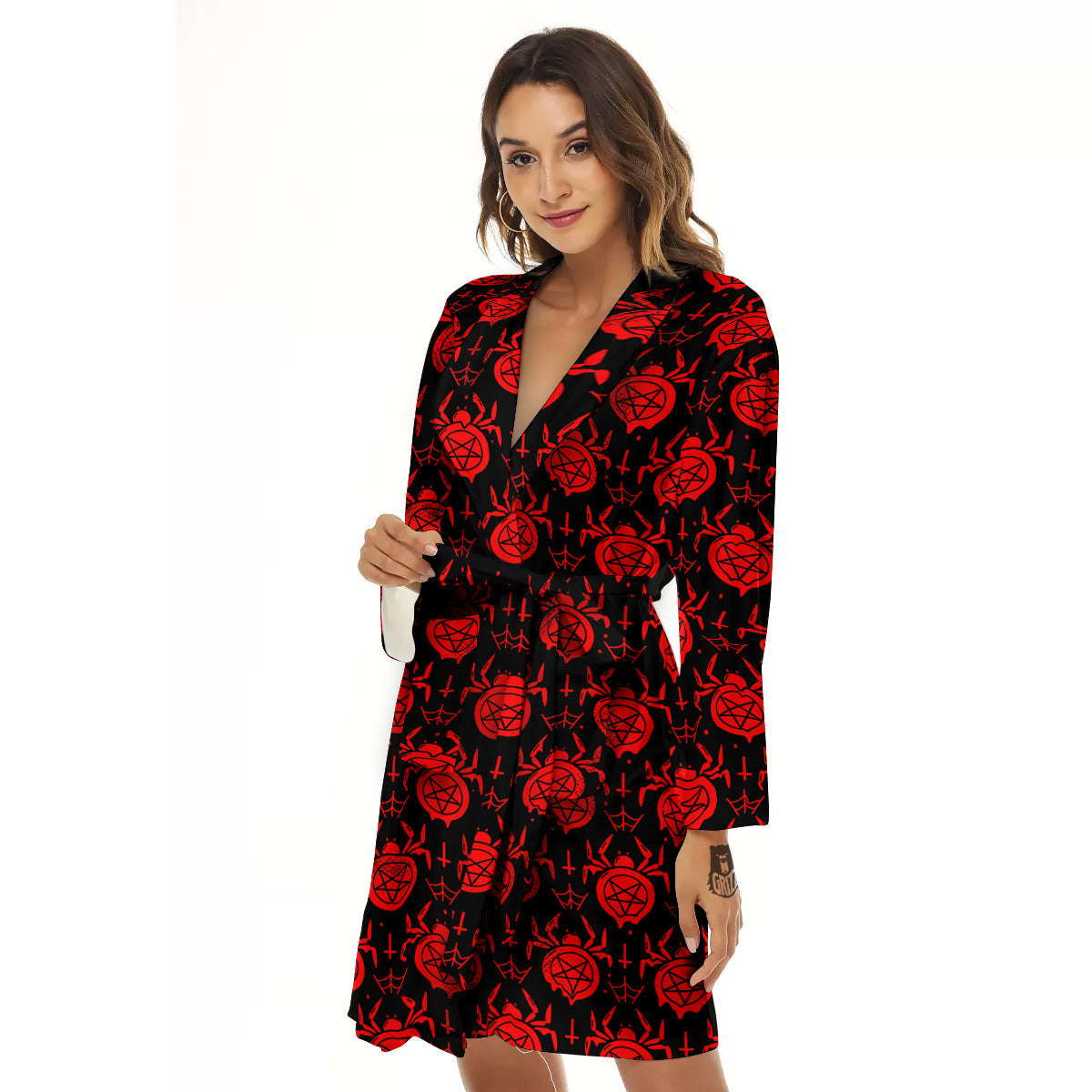 Black Red Spider Pentagram Print Pattern Women's Robe-grizzshop