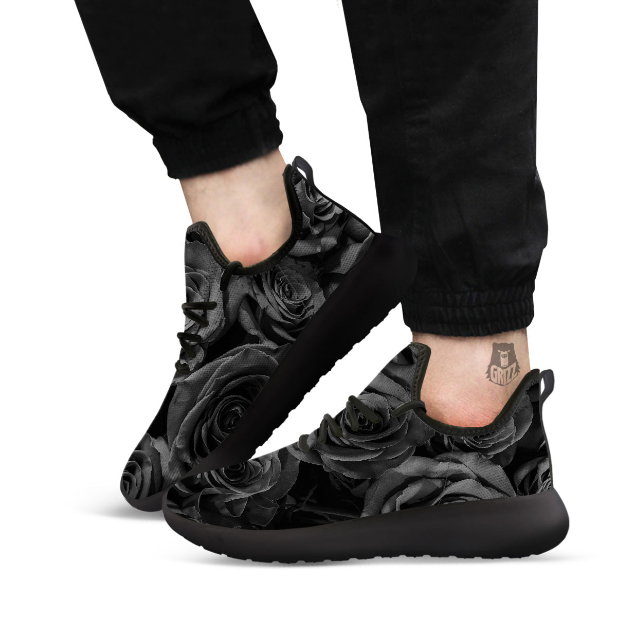 Black Rose Print Black Athletic Shoes-grizzshop