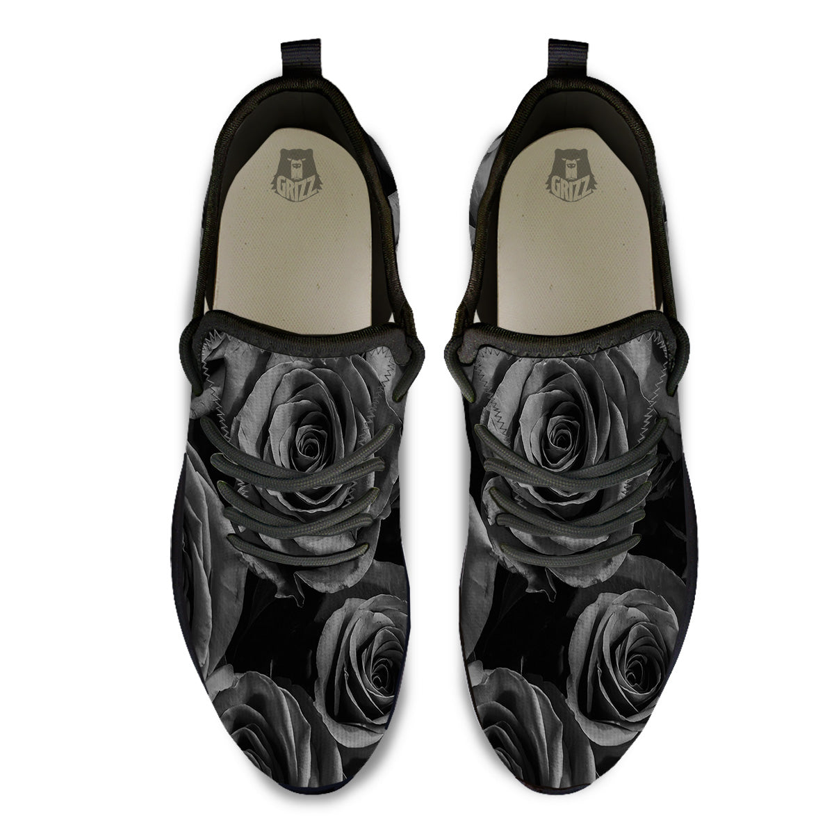 Black Rose Print Black Athletic Shoes-grizzshop