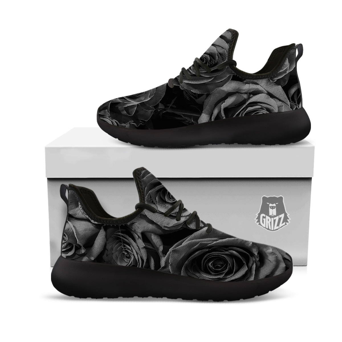 Black Rose Print Black Athletic Shoes-grizzshop