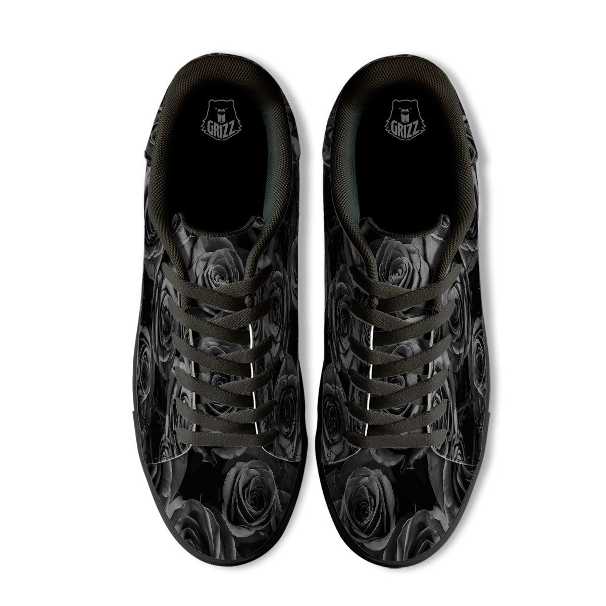Black Rose Print Black Low Top Sneakers-grizzshop