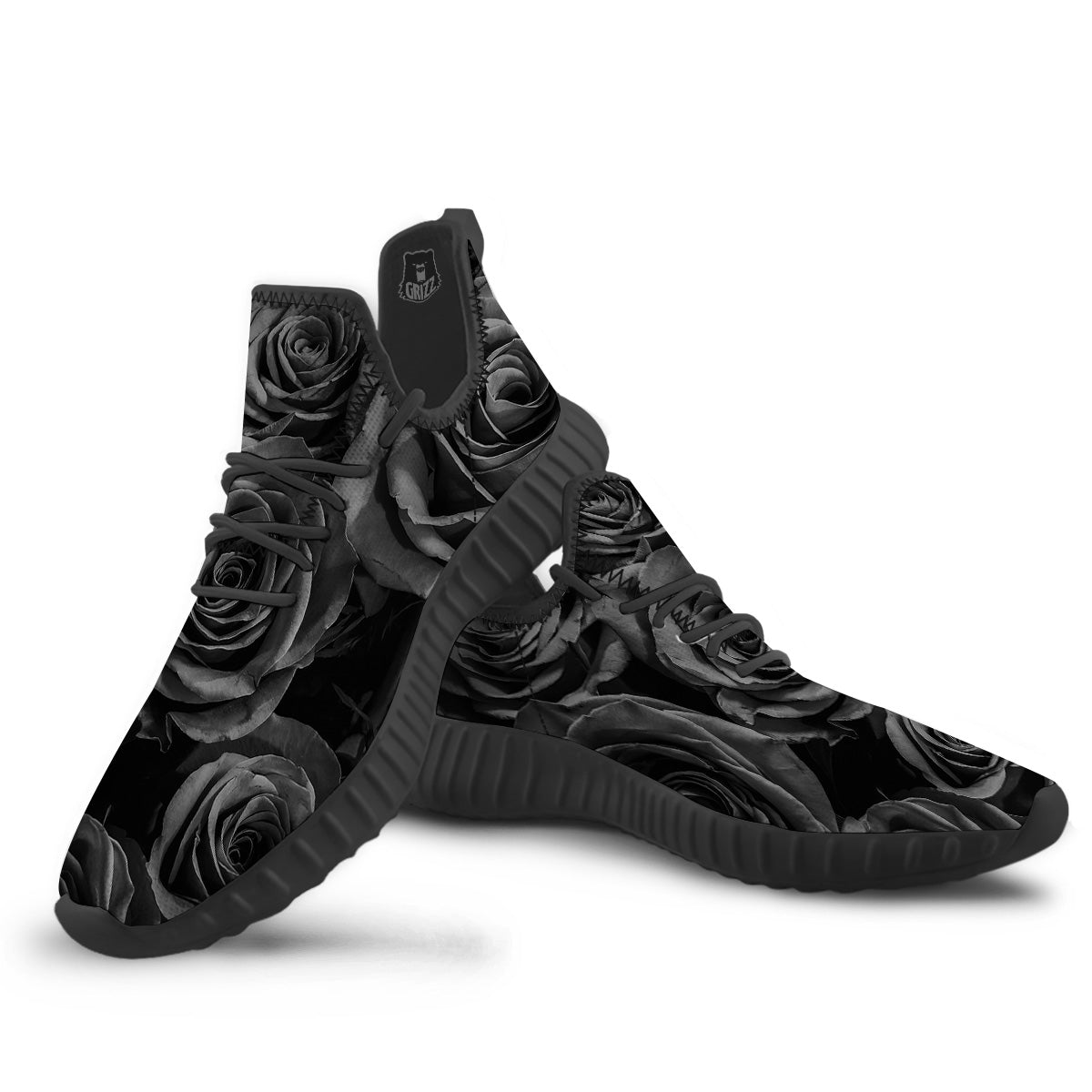 Black Rose Print Black Walking Shoes-grizzshop