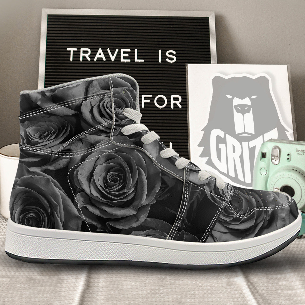 Black Rose Print High Top Sneakers-grizzshop