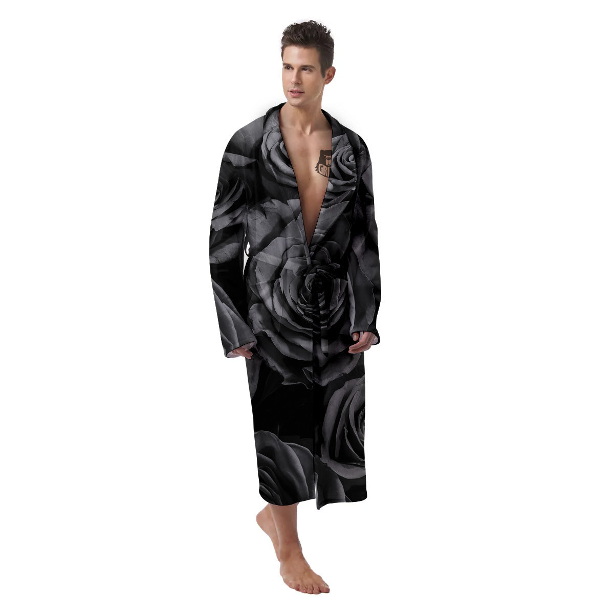 Black Rose Print Men's Robe-grizzshop
