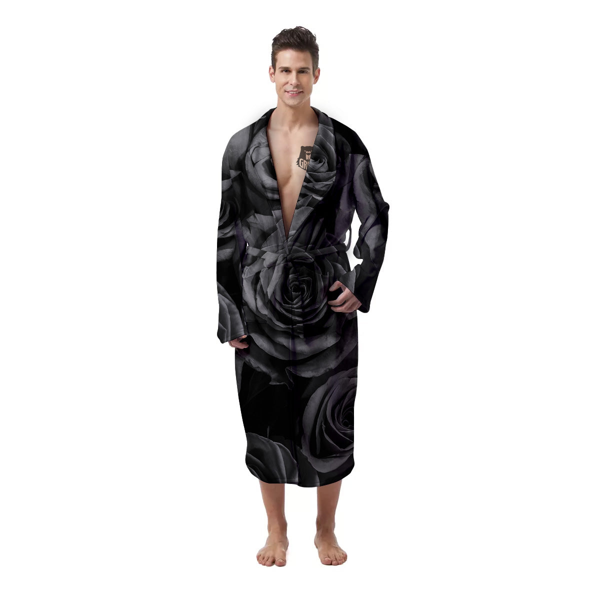 Black Rose Print Men's Robe-grizzshop
