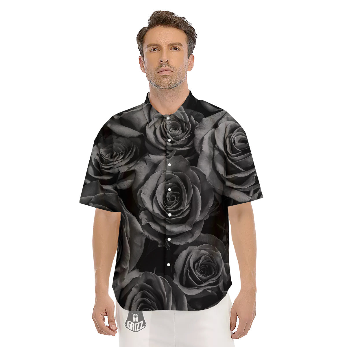 Black Rose Print Men's Short Sleeve Shirts-grizzshop