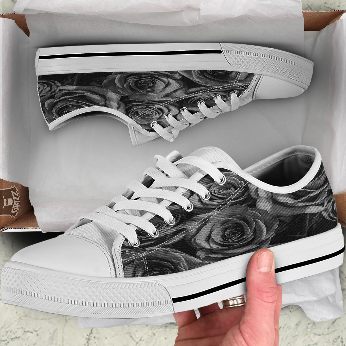 Black Rose Print White Low Top Shoes-grizzshop
